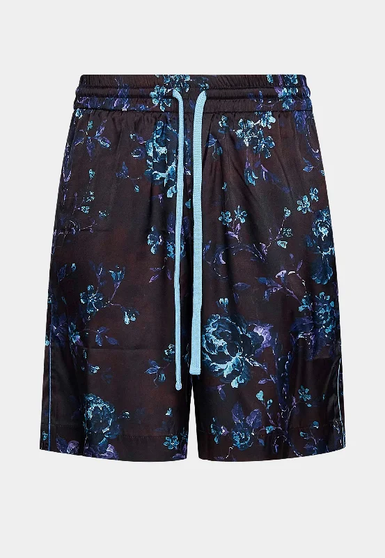 IH NOM UH NIT Shorts Satin Poly Black Roses All Over Printed - Black/Multi