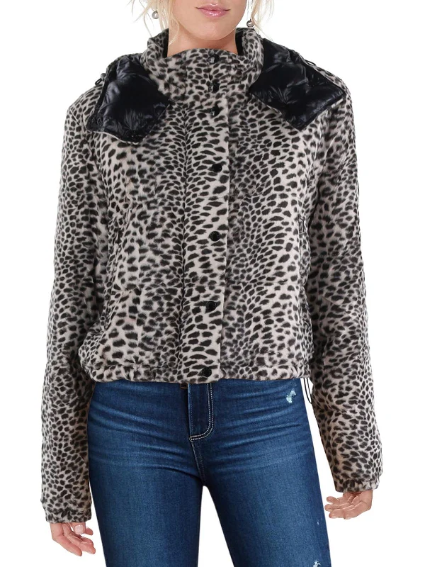 Avoine Womens Faux Fur Animal Print Puffer Jacket