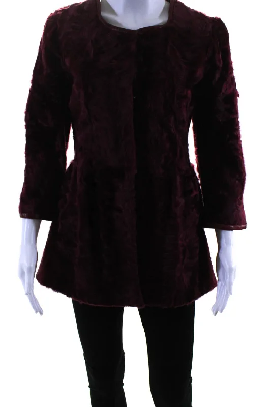 Designer Womens Red Swakara Fur Crew Neck Long Sleeve Coat