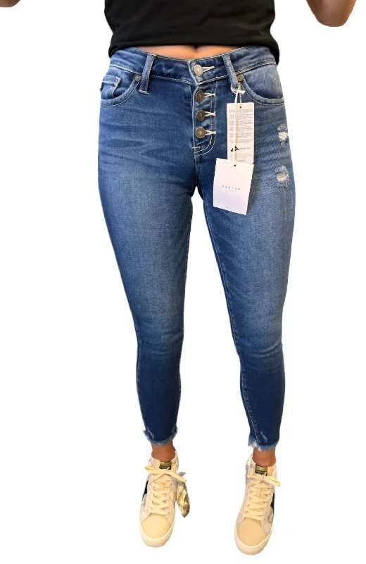 Gemma Button Skinny Jeans In Mid Wash Denim