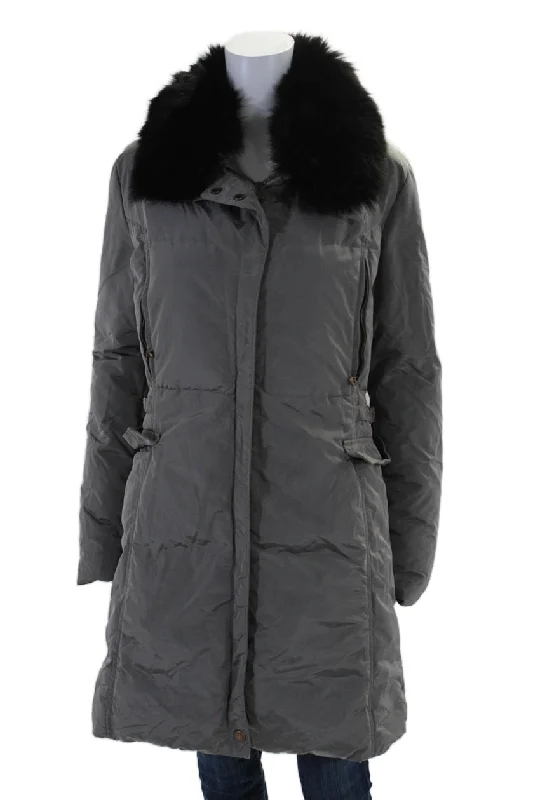 Postcard Womens Fur Trimmed Collared Zipped Snap Button Puffer Coat Gray