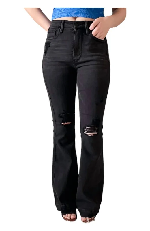 Tummy Control Destroy Flare Jeans In Black