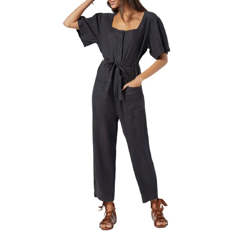 Viney Linen Jumpsuit In Caviar Black