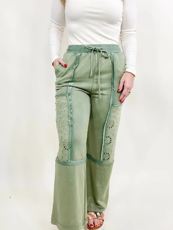 Washed Lace Trim Pants In Green