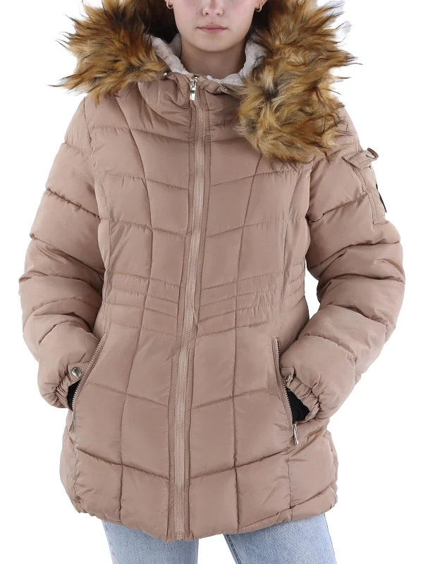 Womens Faux Fur Trim Quilted Puffer Jacket