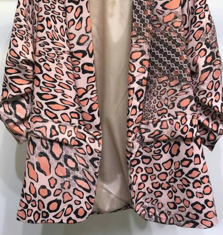 Abstract Leopard Print Ruched Sleeve Blazer In Cameo Rose