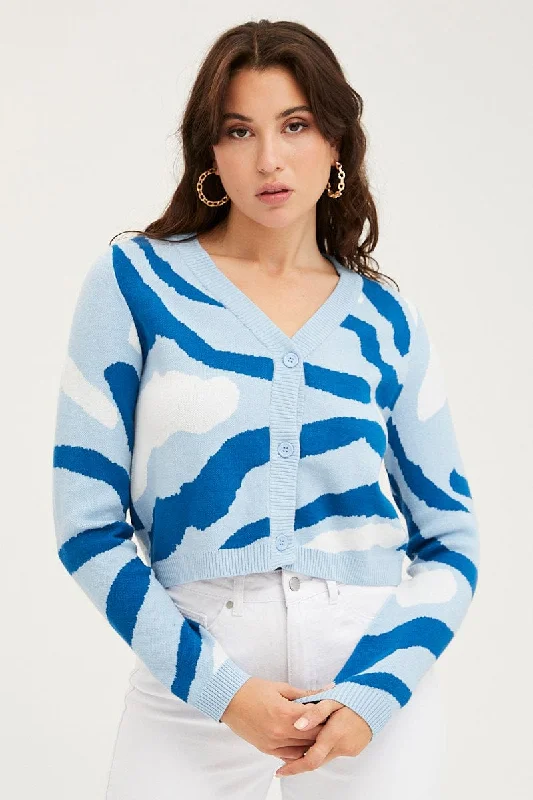 Abstract Print Knit Cardigan Long Sleeve V-Neck