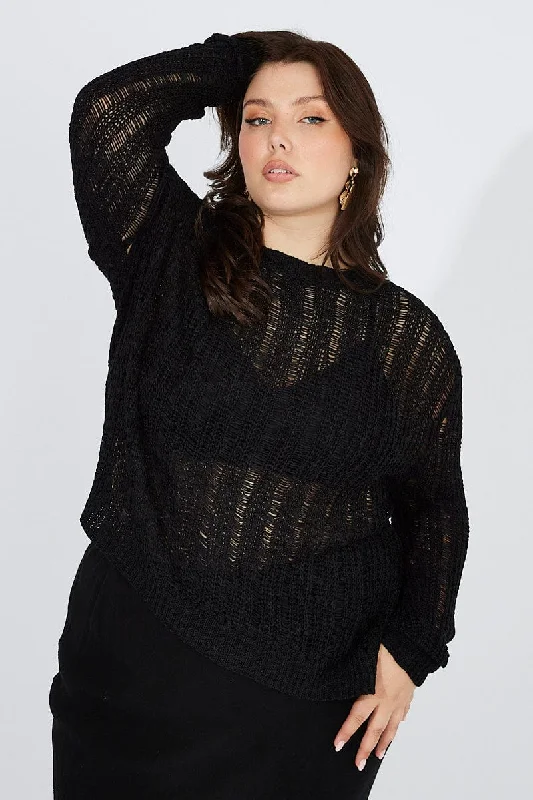 Black Fishnet Knit Top Long Sleeve Crew Neck