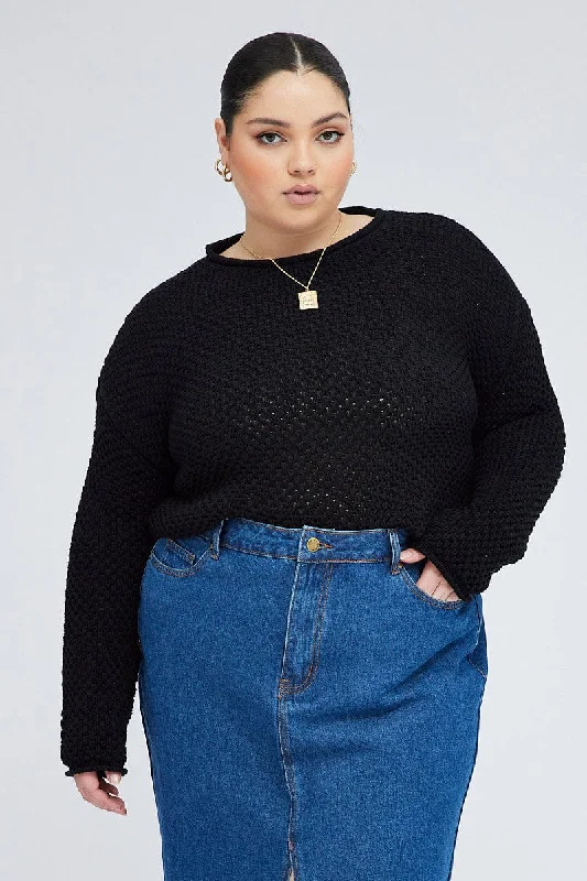 Black Fishnet Knit Top Long Sleeve Crew Neck