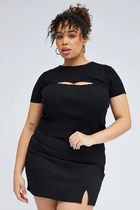 Black Knit Top Bust Cut Out Short Sleeve