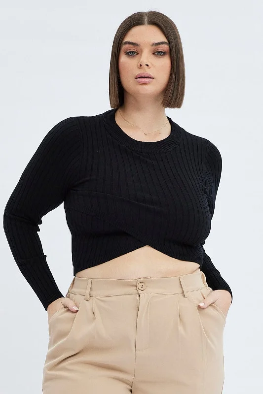 Black Knit Top Long Sleeve Crop