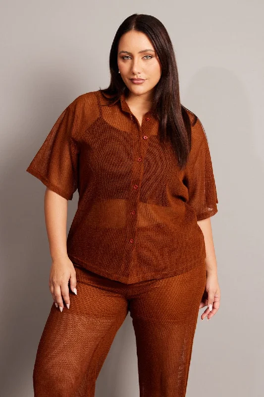 Brown Collar Knit Top Short Sleeve