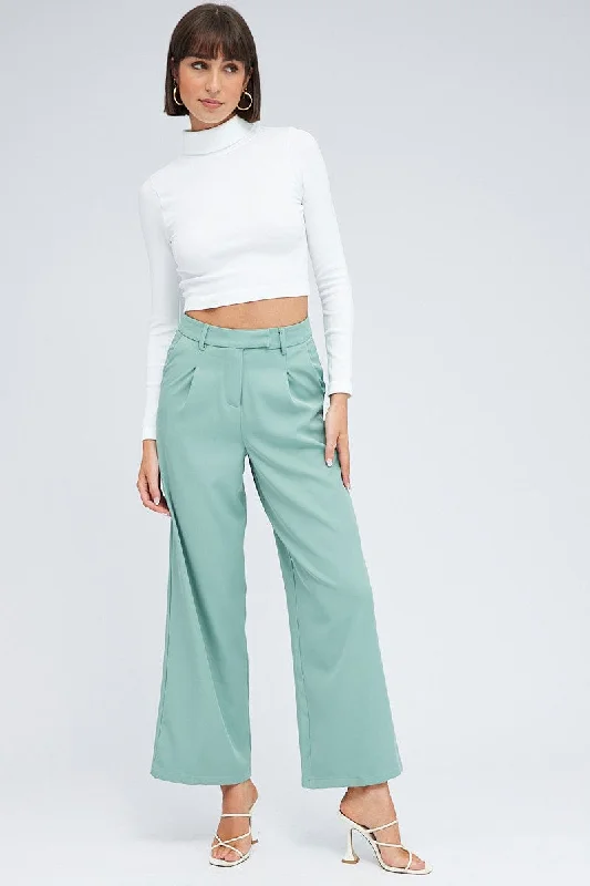 Green Wide Leg Pants High Rise