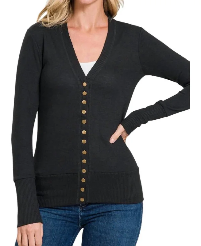 Torie Ribbed Detail Snap Button Cardigan In Black