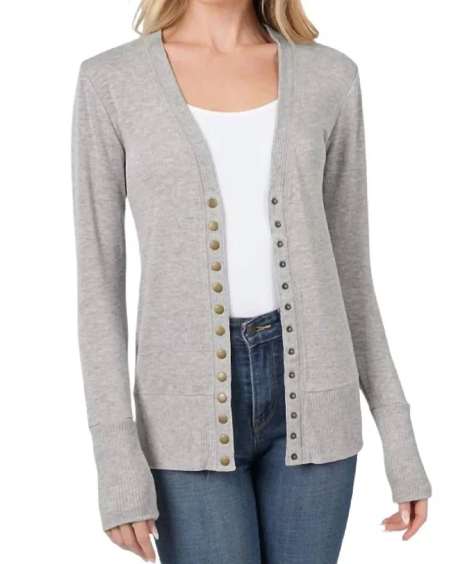 Torie Ribbed Detail Snap Button Cardigan In Grey