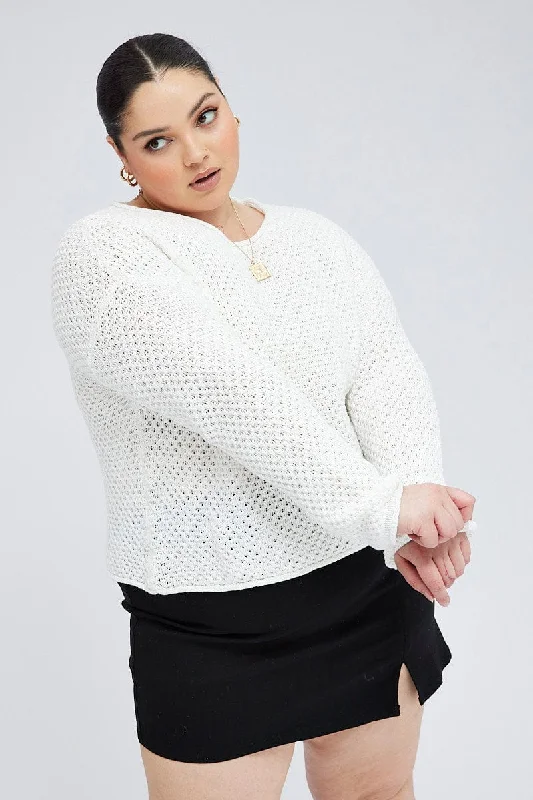 White Fishnet Knit Top Long Sleeve Crew Neck