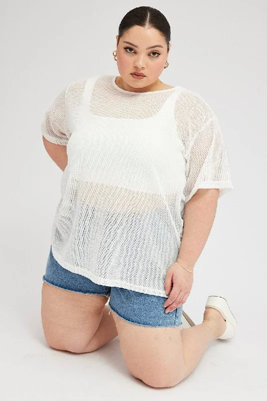 White Oversized Knit Top Short Sleeve Crew Neck