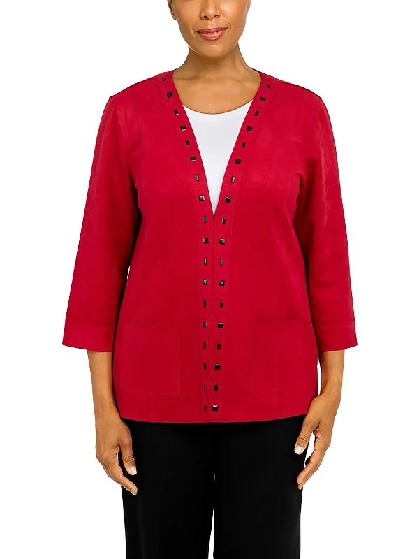 Womens Faux Suede Studded Collarless Blazer