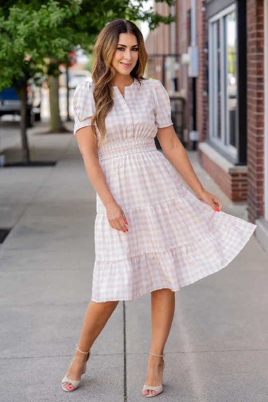 Gingham Short Sleeve Tiered Dress