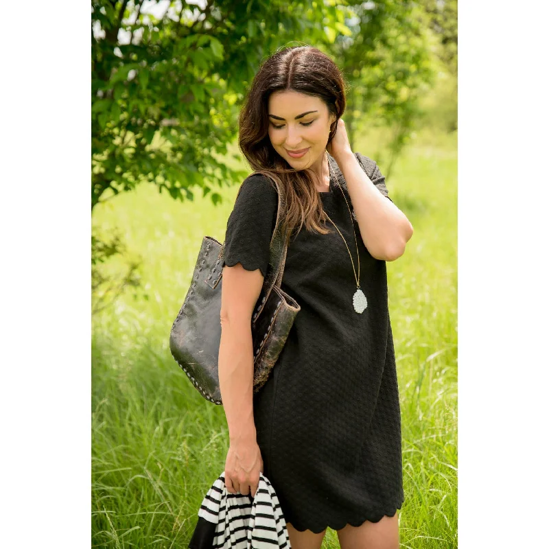 Short Sleeve Textured Scalloped Swing Dress