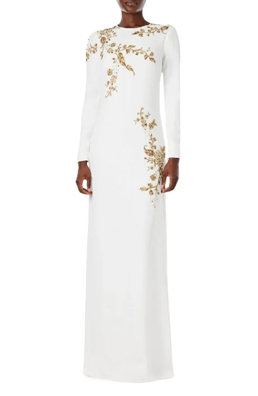 Embroidered Long Sleeve Column Gown