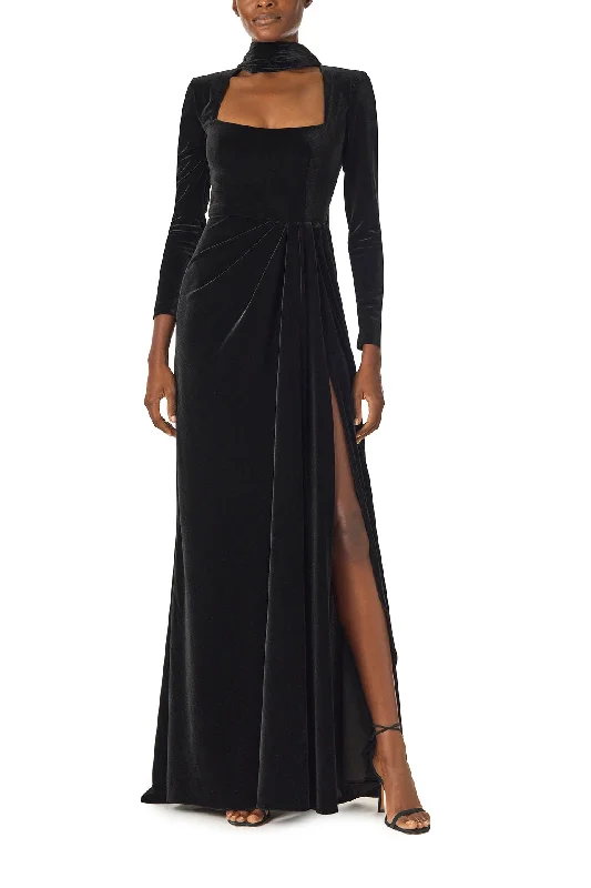 Long Sleeve Velour Gown With Scarf