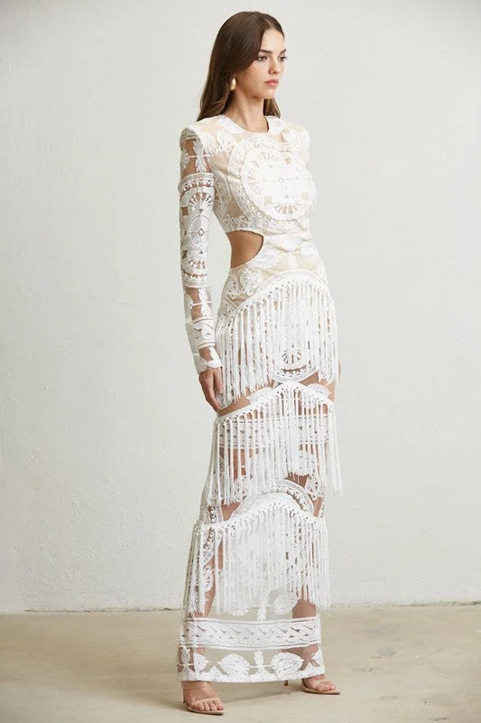 Sedona Long Sleeve Embroidered Lace Fringe Dress