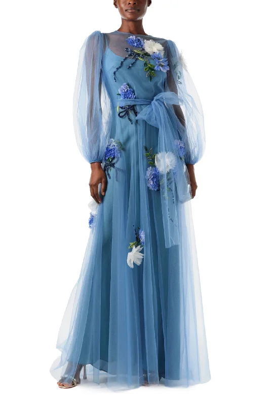 Long Sleeve Embroidered Tulle Gown