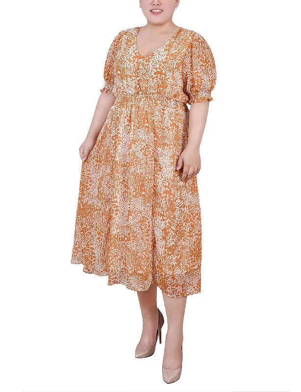 Plus Size Short Puff Sleeve Chiffon Dress