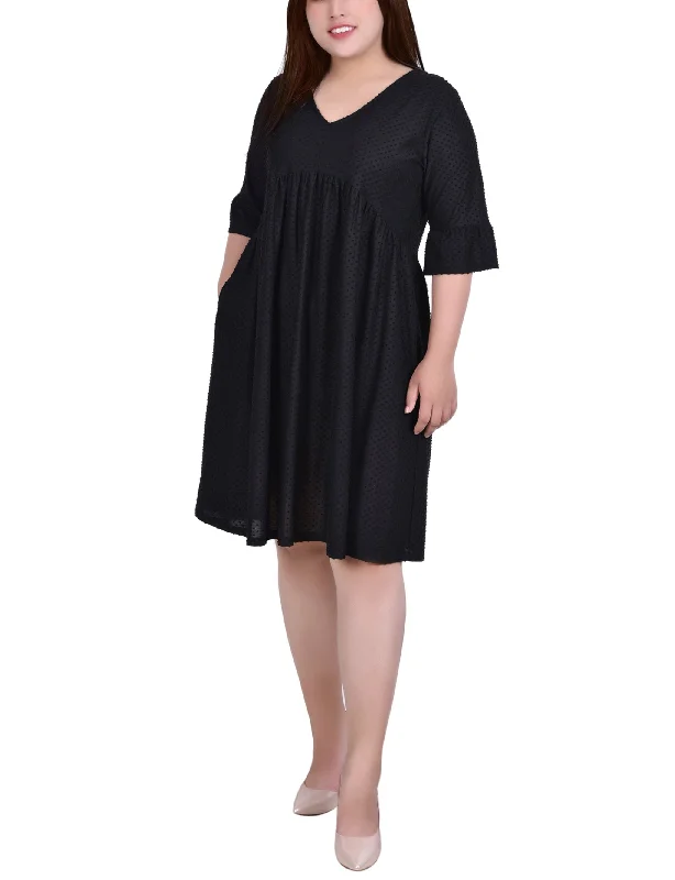 Plus Size Short Bell Sleeve Swiss Dot Dress