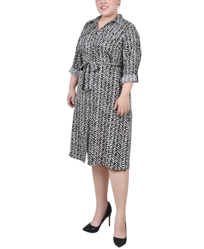 Plus Size Long Sleeve Roll Tab Shirtdress